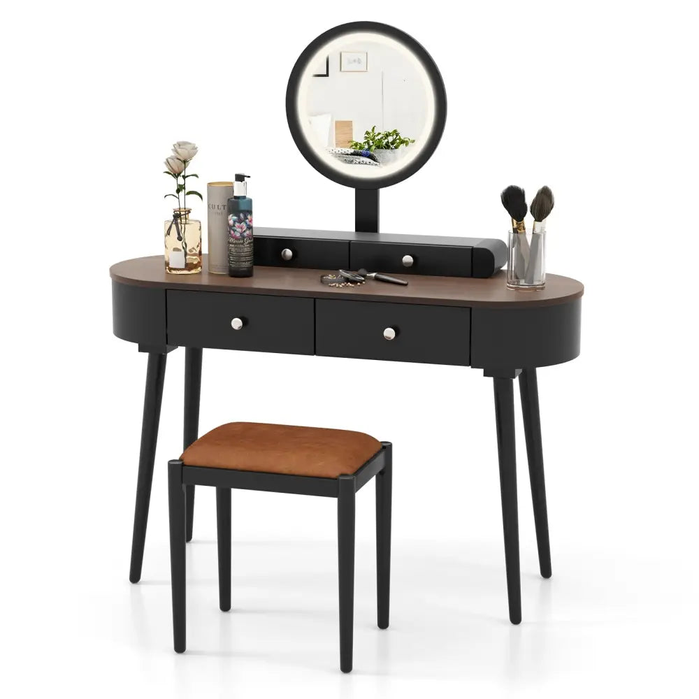 Makeup Vanity Table Set with LED Mirror and 3 Spacious Drawers-Black-Brown - Black - Makeup Vanities