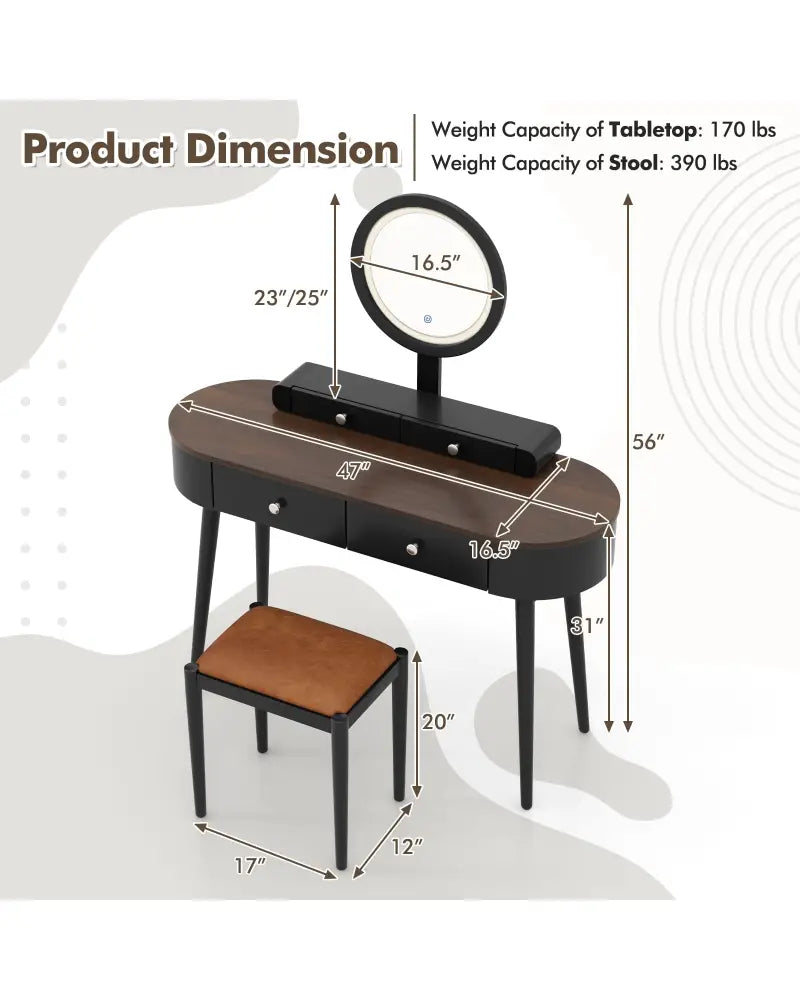 Makeup Vanity Table Set with LED Mirror and 3 Spacious Drawers-Black-Brown - Black - Makeup Vanities