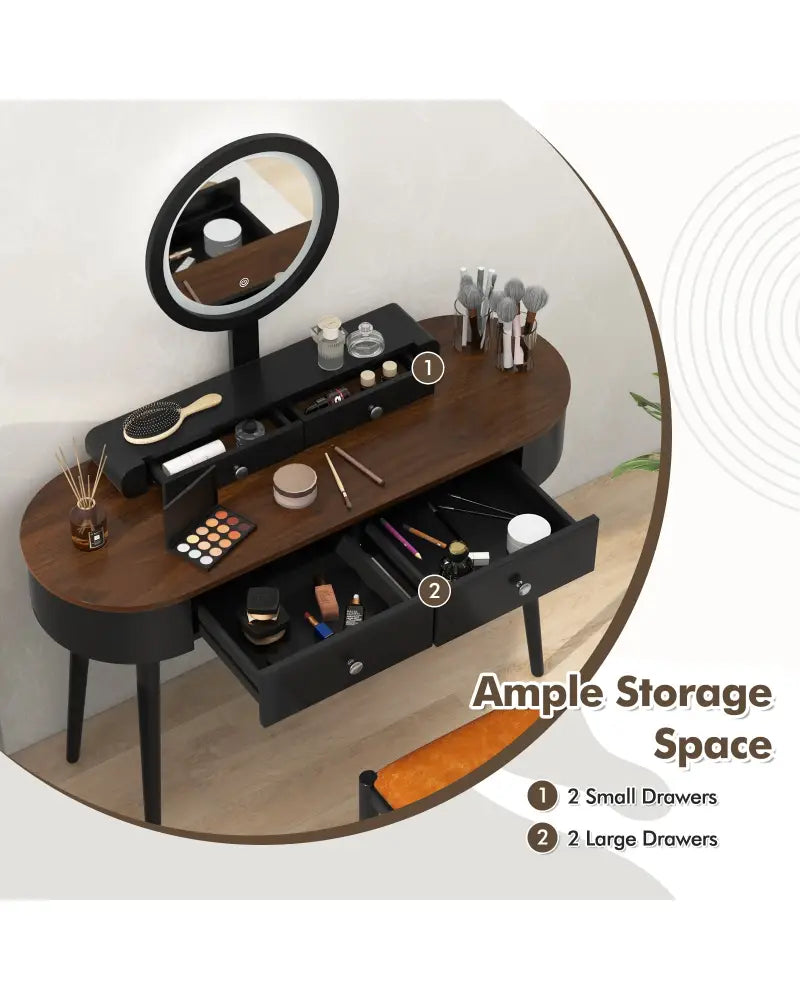 Makeup Vanity Table Set with LED Mirror and 3 Spacious Drawers-Black-Brown - Black - Makeup Vanities