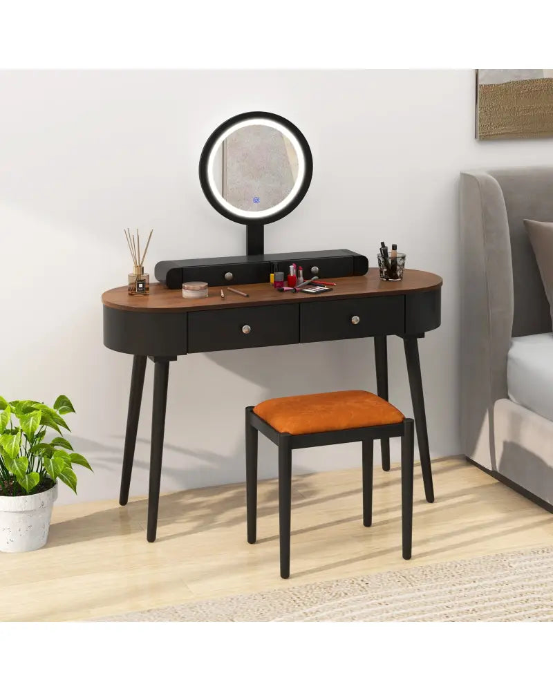 Makeup Vanity Table Set with LED Mirror and 3 Spacious Drawers-Black-Brown - Black - Makeup Vanities