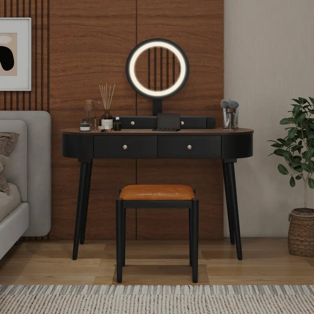 Makeup Vanity Table Set with LED Mirror and 3 Spacious Drawers-Black-Brown - Black - Makeup Vanities