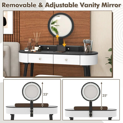 Makeup Vanity Table Set with LED Mirror and 3 Spacious Drawers-White-Dark Wood - White - Makeup Vanities