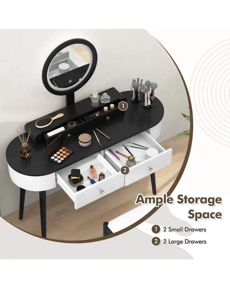 Makeup Vanity Table Set with LED Mirror and 3 Spacious Drawers-White-Dark Wood - White - Makeup Vanities