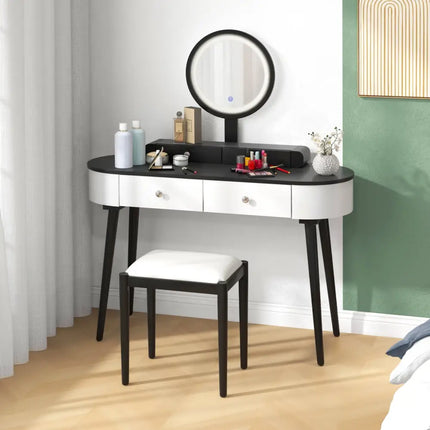 Makeup Vanity Table Set with LED Mirror and 3 Spacious Drawers-White-Dark Wood - White - Makeup Vanities