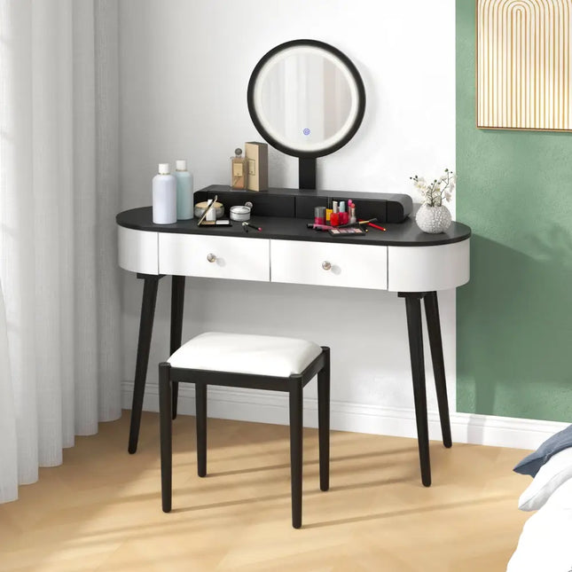 Makeup Vanity Table Set with LED Mirror and 3 Spacious Drawers-White-Dark Wood - White - Makeup Vanities