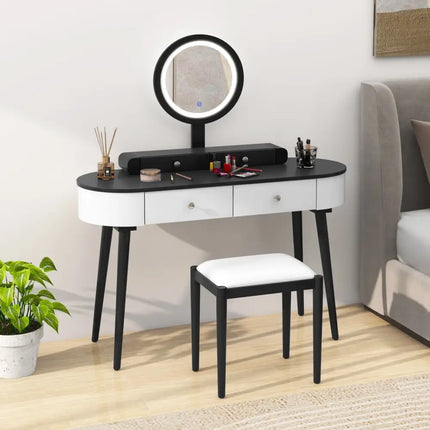 Makeup Vanity Table Set with LED Mirror and 3 Spacious Drawers-White-Dark Wood - White - Makeup Vanities