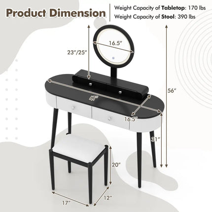 Makeup Vanity Table Set with LED Mirror and 3 Spacious Drawers-White-Dark Wood - White - Makeup Vanities