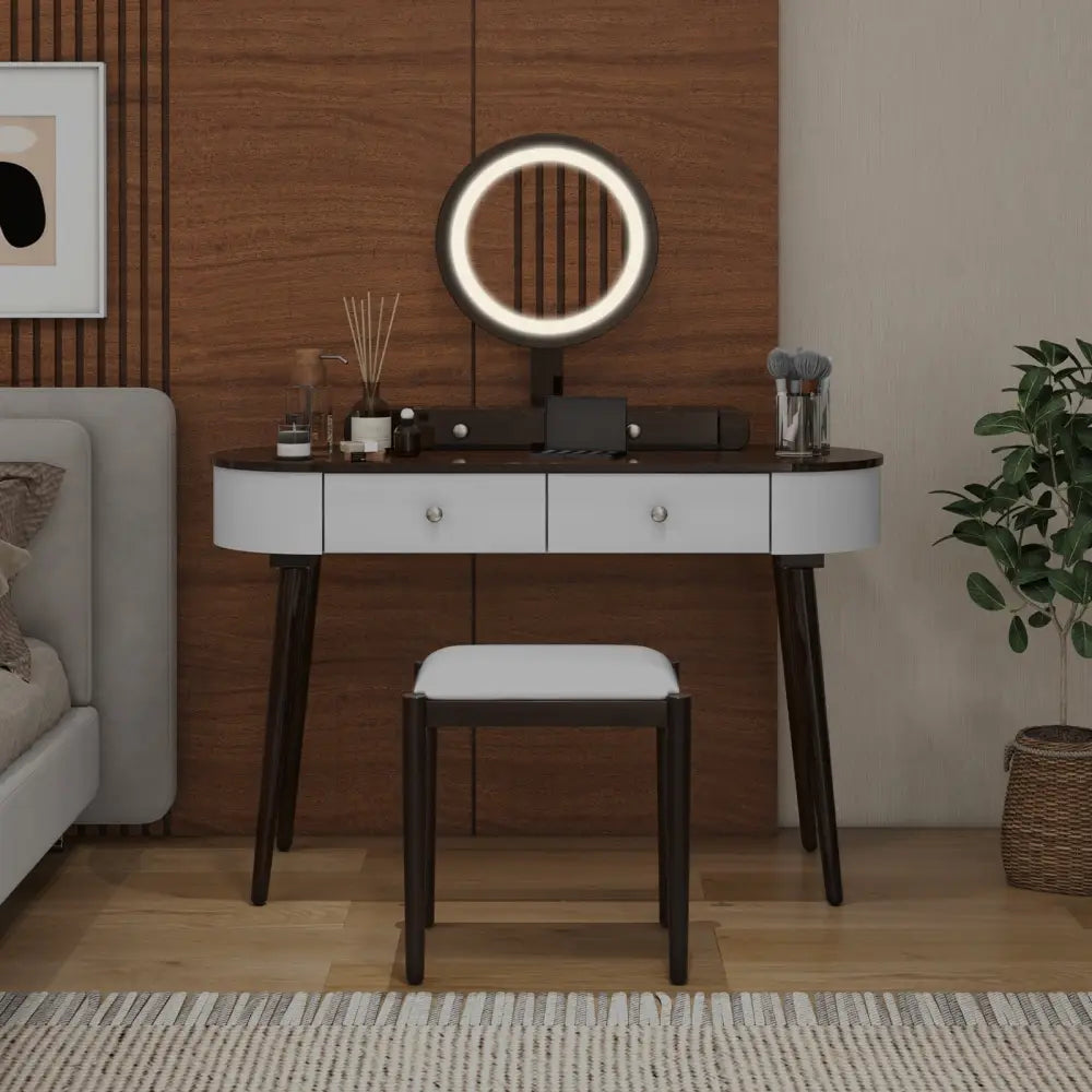 Makeup Vanity Table Set with LED Mirror and 3 Spacious Drawers-White-Brown - Brown - Makeup Vanities