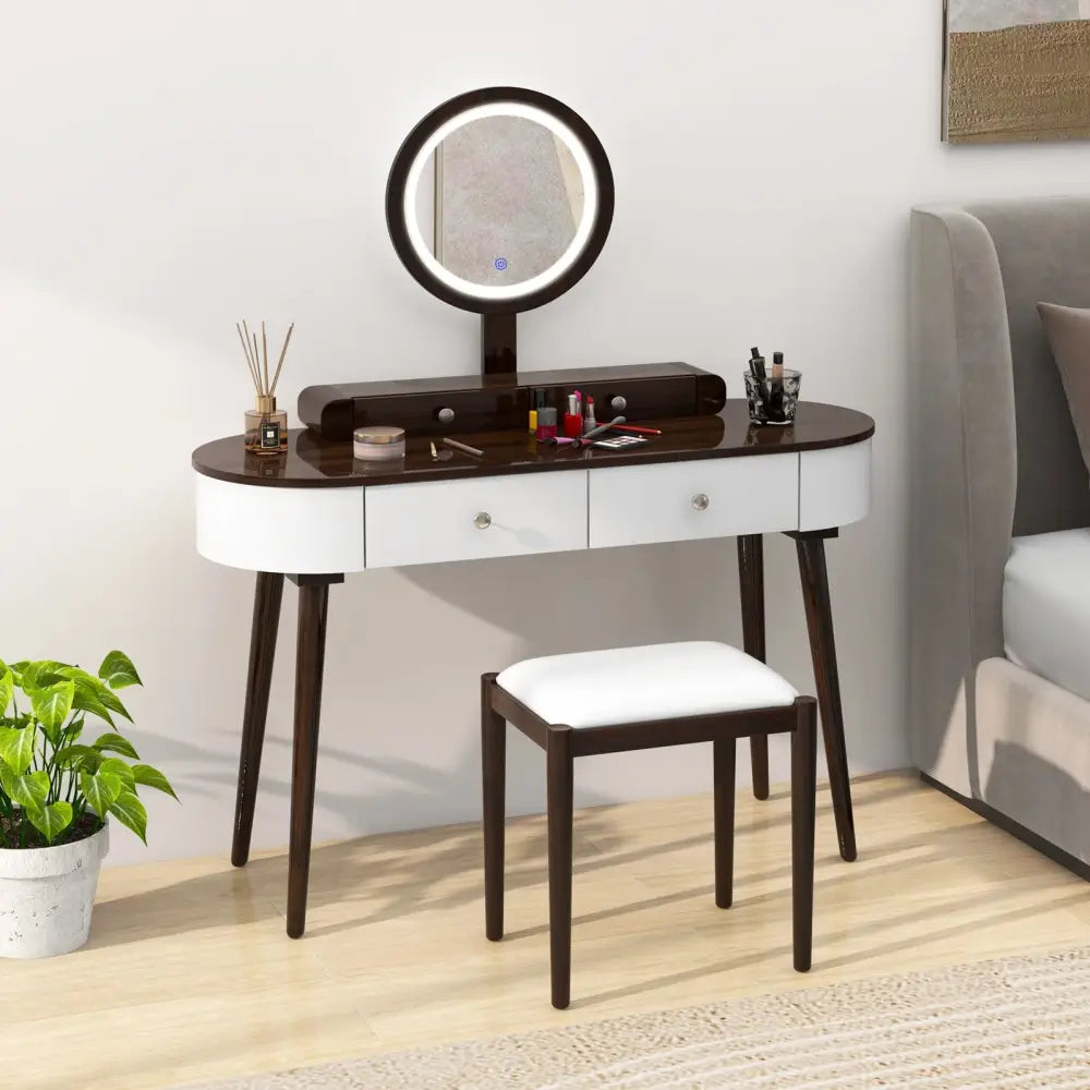 Makeup Vanity Table Set with LED Mirror and 3 Spacious Drawers-White-Brown - Brown - Makeup Vanities