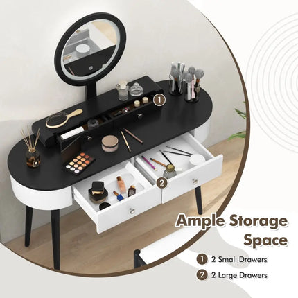Makeup Vanity Table Set with LED Mirror and 3 Spacious Drawers-White-Dark Wood - White - Makeup Vanities