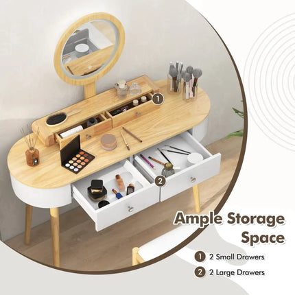 Makeup Vanity Table Set with LED Mirror and 3 Spacious Drawers-White-Natural Wood - Natural - Makeup Vanities