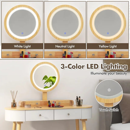 Makeup Vanity Table Set with LED Mirror and 3 Spacious Drawers-White-Natural Wood - Natural - Makeup Vanities