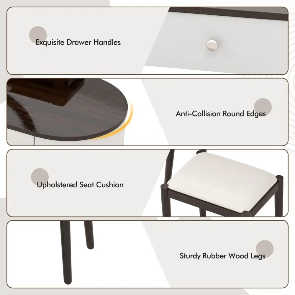Makeup Vanity Table Set with LED Mirror and 3 Spacious Drawers-White-Brown - Brown - Makeup Vanities