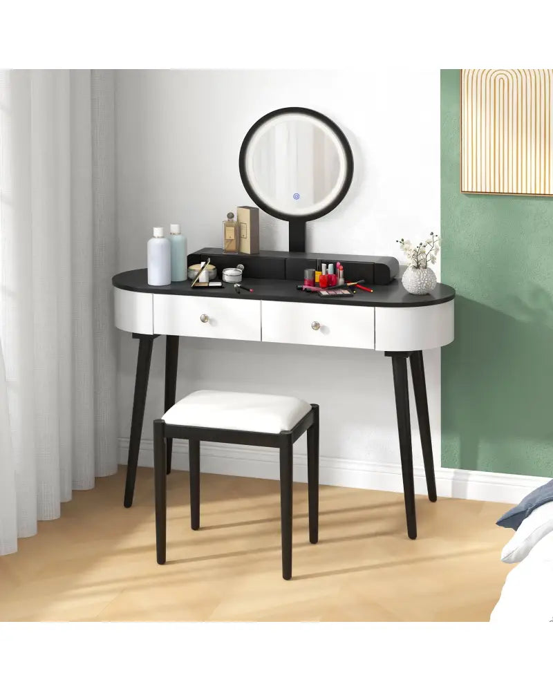 Makeup Vanity Table Set with LED Mirror and 3 Spacious Drawers-White-Dark Wood - White - Makeup Vanities