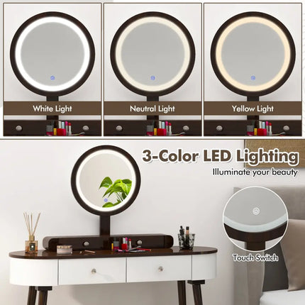 Makeup Vanity Table Set with LED Mirror and 3 Spacious Drawers-White-Brown - Brown - Makeup Vanities