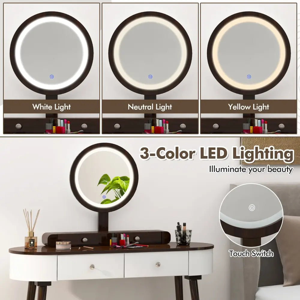 Makeup Vanity Table Set with LED Mirror and 3 Spacious Drawers-White-Brown - Brown - Makeup Vanities