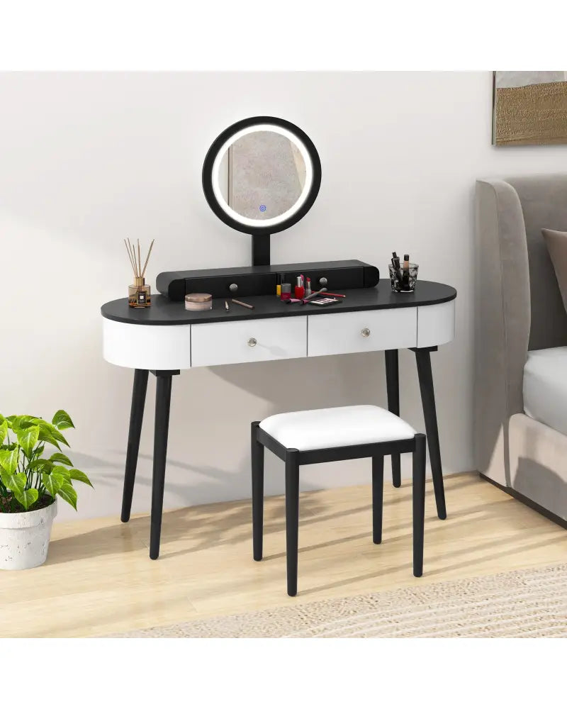 Makeup Vanity Table Set with LED Mirror and 3 Spacious Drawers-White-Dark Wood - White - Makeup Vanities