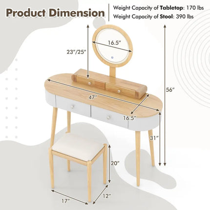 Makeup Vanity Table Set with LED Mirror and 3 Spacious Drawers-White-Natural Wood - Natural - Makeup Vanities