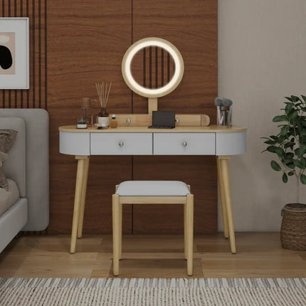 Makeup Vanity Table Set with LED Mirror and 3 Spacious Drawers-White-Natural Wood - Natural - Makeup Vanities