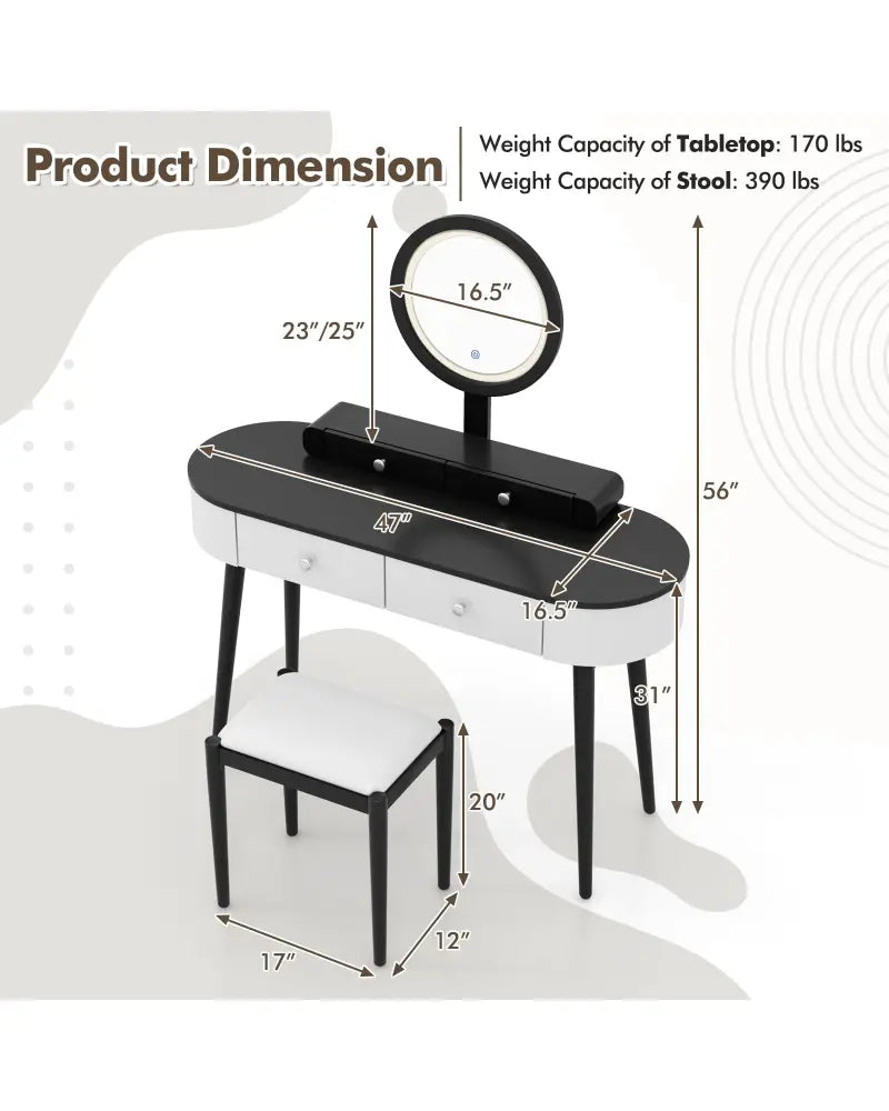 Makeup Vanity Table Set with LED Mirror and 3 Spacious Drawers-White-Dark Wood - White - Makeup Vanities