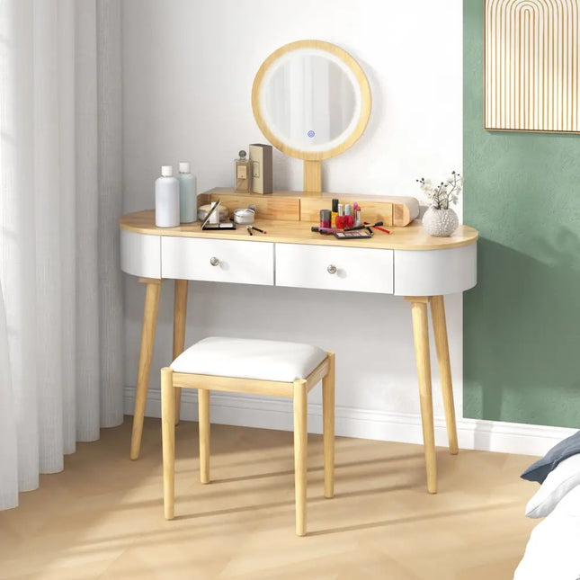 Makeup Vanity Table Set with LED Mirror and 3 Spacious Drawers-White-Natural Wood - Natural - Makeup Vanities