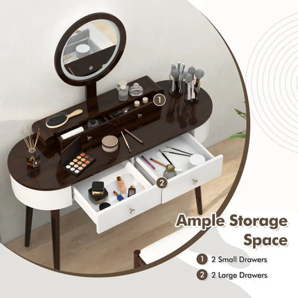 Makeup Vanity Table Set with LED Mirror and 3 Spacious Drawers-White-Brown - Brown - Makeup Vanities