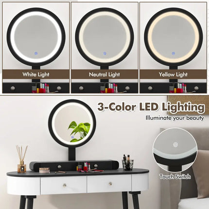 Makeup Vanity Table Set with LED Mirror and 3 Spacious Drawers-White-Dark Wood - White - Makeup Vanities