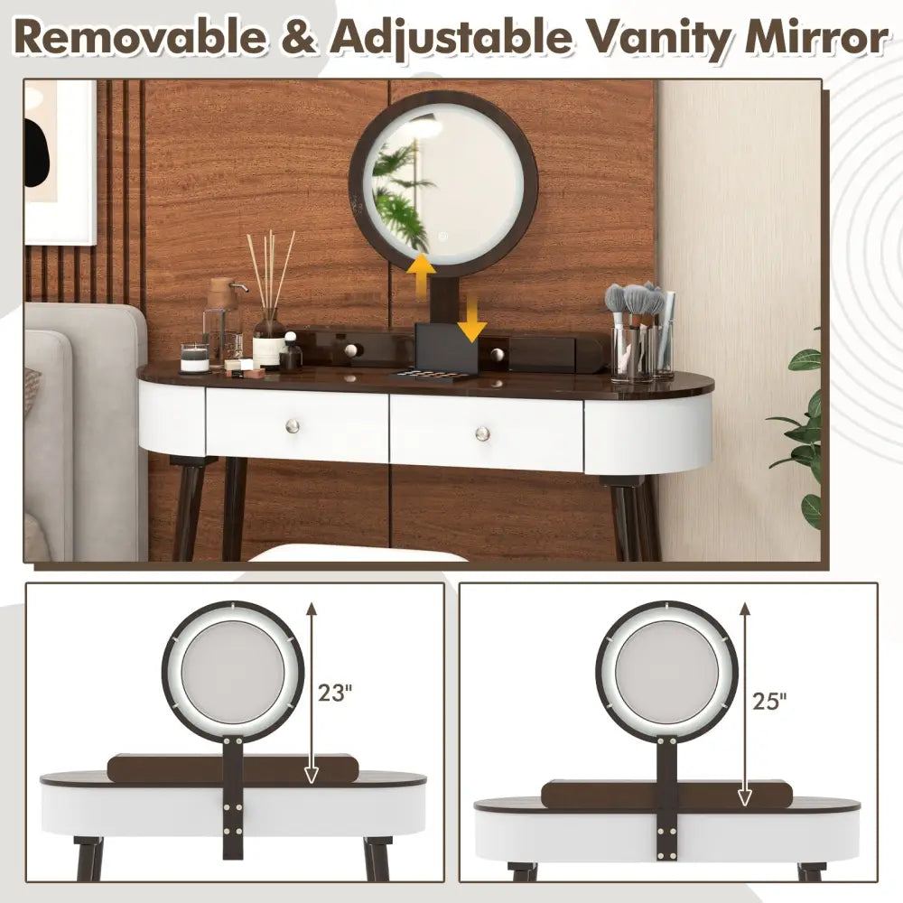 Makeup Vanity Table Set with LED Mirror and 3 Spacious Drawers-White-Brown - Brown - Makeup Vanities