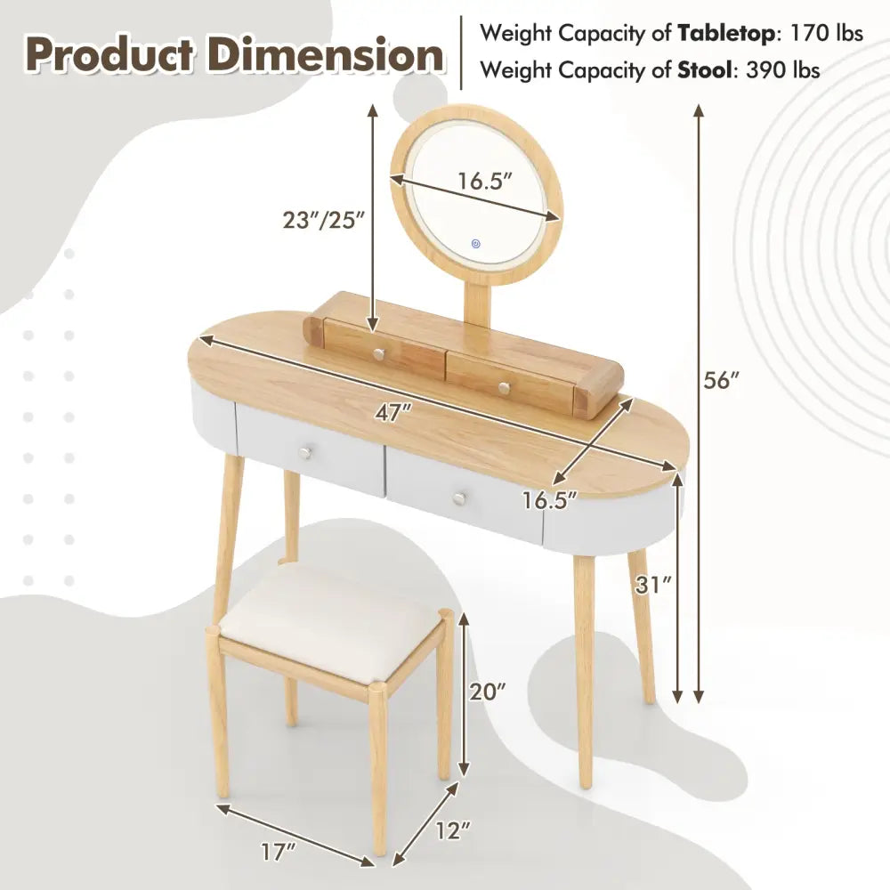 Makeup Vanity Table Set with LED Mirror and 3 Spacious Drawers-White-Natural Wood - Natural - Makeup Vanities