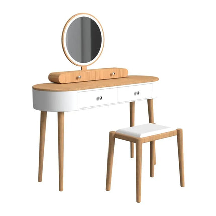 Makeup Vanity Table Set with LED Mirror and 3 Spacious Drawers-White-Natural Wood - Natural - Makeup Vanities