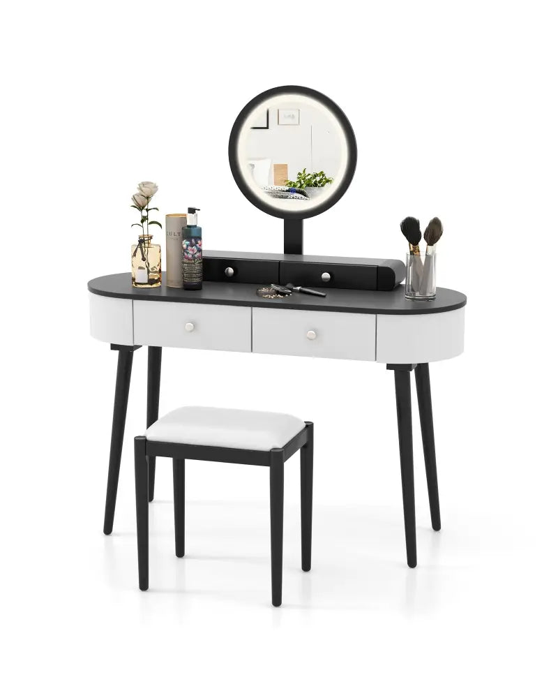 Makeup Vanity Table Set with LED Mirror and 3 Spacious Drawers-White-Dark Wood - White - Makeup Vanities