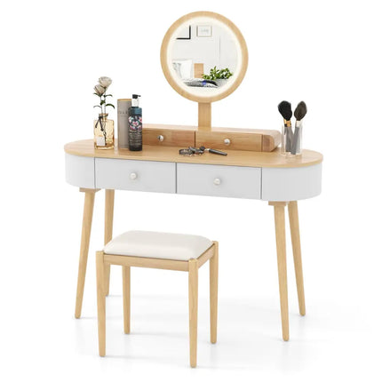 Makeup Vanity Table Set with LED Mirror and 3 Spacious Drawers-White-Natural Wood - Natural - Makeup Vanities