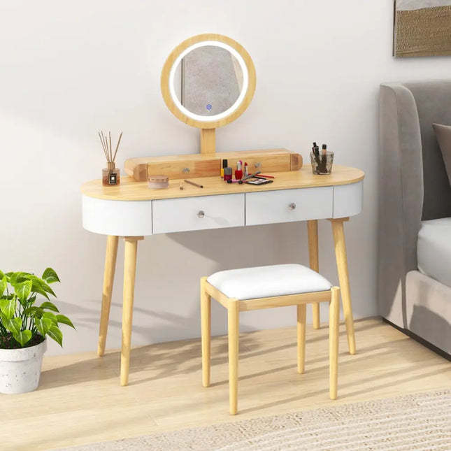 Makeup Vanity Table Set with LED Mirror and 3 Spacious Drawers-White-Natural Wood - Natural - Makeup Vanities