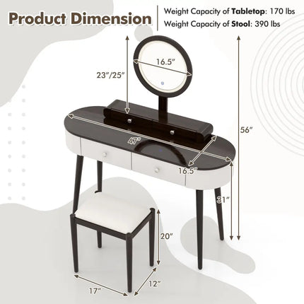 Makeup Vanity Table Set with LED Mirror and 3 Spacious Drawers-White-Brown - Brown - Makeup Vanities