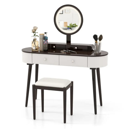 Makeup Vanity Table Set with LED Mirror and 3 Spacious Drawers-White-Brown - Brown - Makeup Vanities