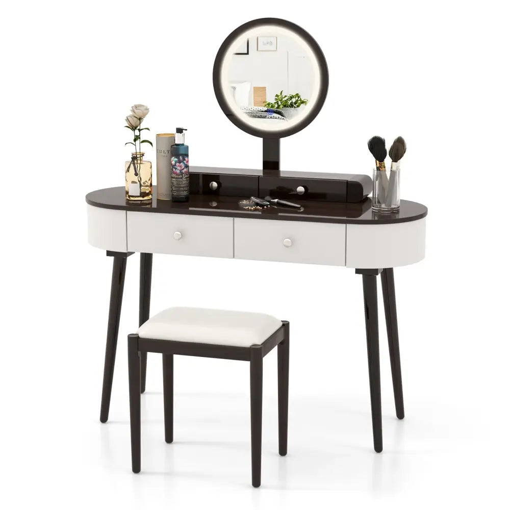 Makeup Vanity Table Set with LED Mirror and 3 Spacious Drawers-White-Brown - Brown - Makeup Vanities