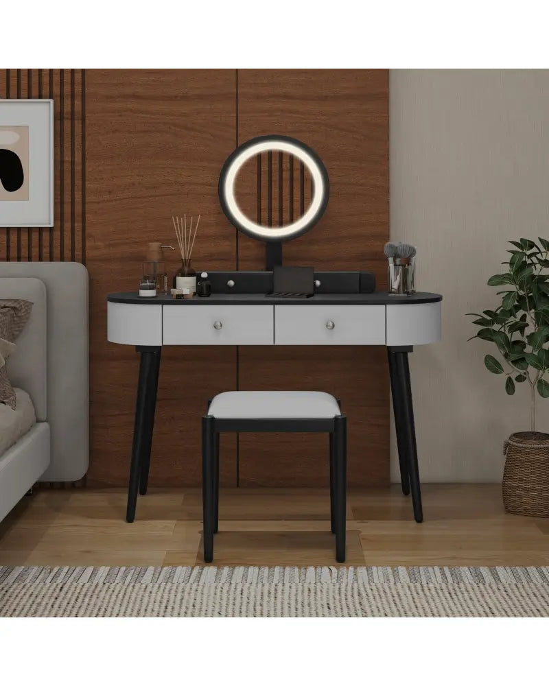 Makeup Vanity Table Set with LED Mirror and 3 Spacious Drawers-White-Dark Wood - White - Makeup Vanities