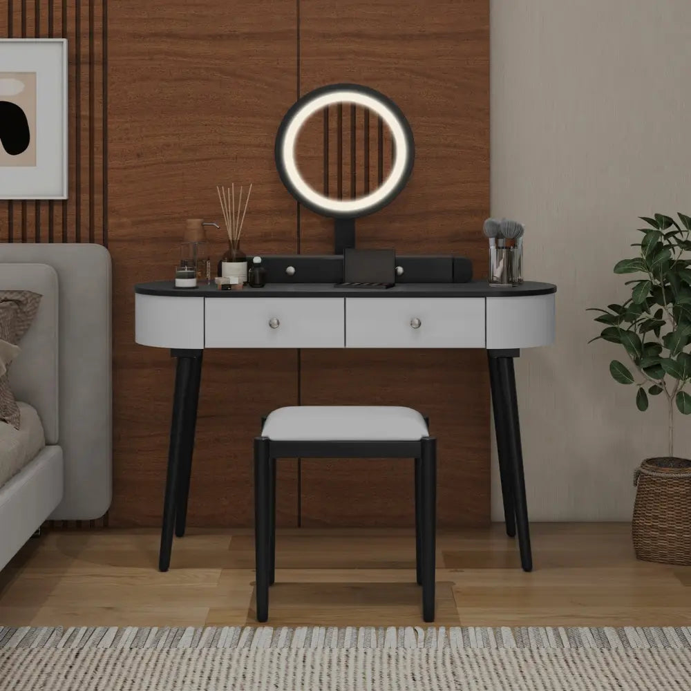 Makeup Vanity Table Set with LED Mirror and 3 Spacious Drawers-White-Dark Wood - White - Makeup Vanities