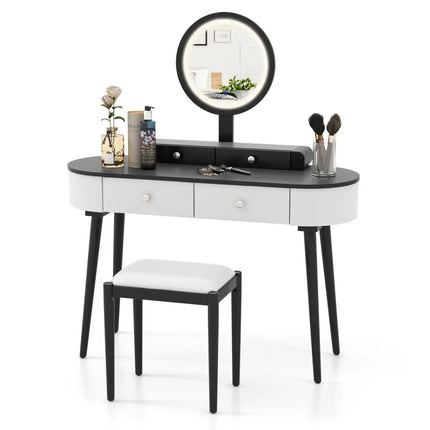 Makeup Vanity Table Set with LED Mirror and 3 Spacious Drawers-White-Dark Wood - White - Makeup Vanities