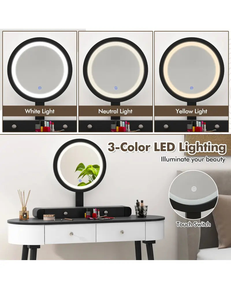 Makeup Vanity Table Set with LED Mirror and 3 Spacious Drawers-White-Dark Wood - White - Makeup Vanities
