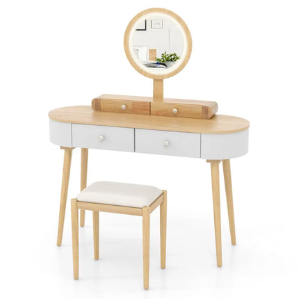 Makeup Vanity Table Set with LED Mirror and 3 Spacious Drawers-White-Natural Wood - Natural - Makeup Vanities