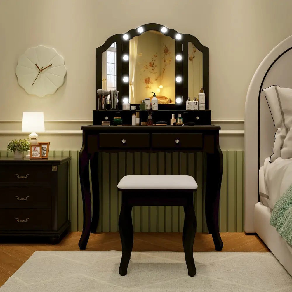 Makeup Vanity Table Set with Lighted Mirror and Drawers-Black - Black - Makeup Vanities