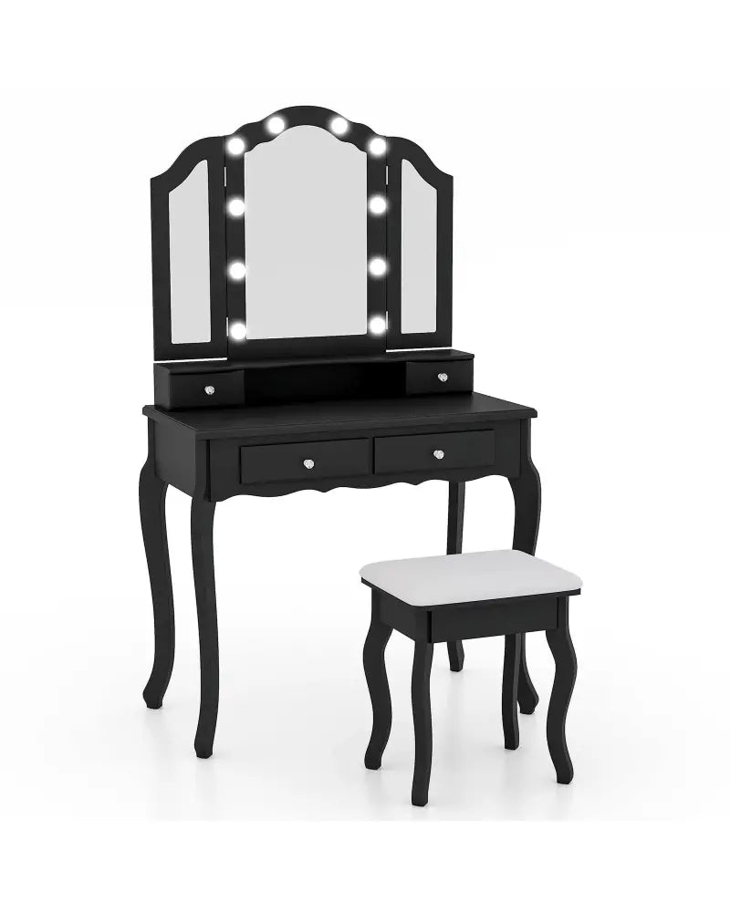 Makeup Vanity Table Set with Lighted Mirror and Drawers-Black - Black - Makeup Vanities