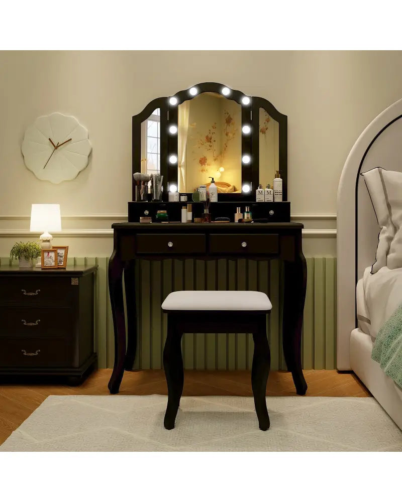 Makeup Vanity Table Set with Lighted Mirror and Drawers-Black - Black - Makeup Vanities