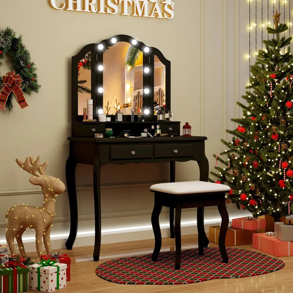 Makeup Vanity Table Set with Lighted Mirror and Drawers-Black - Black - Makeup Vanities