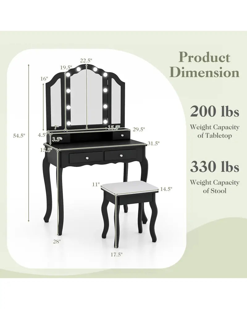 Makeup Vanity Table Set with Lighted Mirror and Drawers-Black - Black - Makeup Vanities