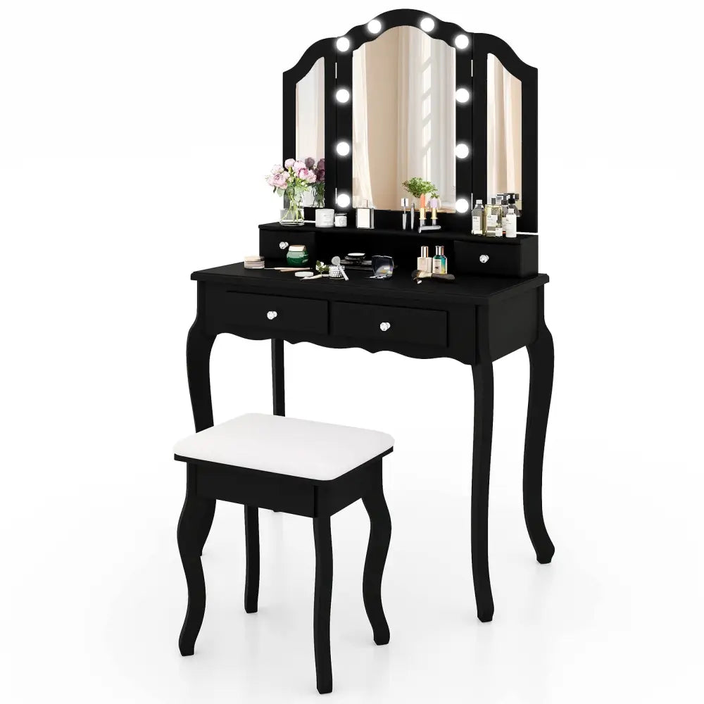 Makeup Vanity Table Set with Lighted Mirror and Drawers-Black - Black - Makeup Vanities