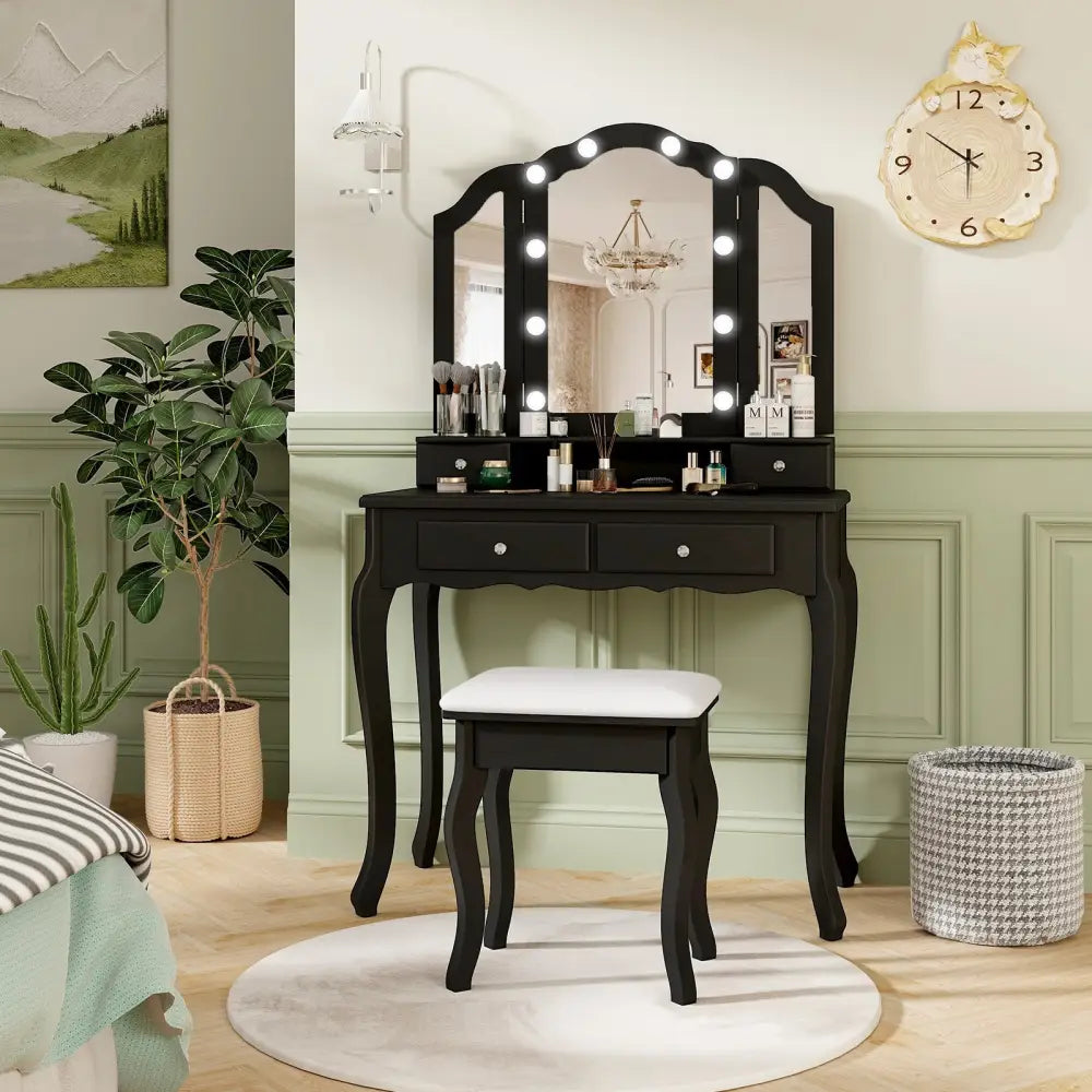 Makeup Vanity Table Set with Lighted Mirror and Drawers-Black - Black - Makeup Vanities