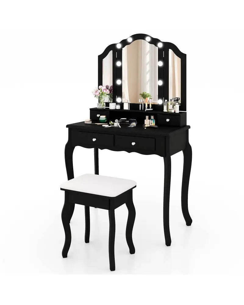Makeup Vanity Table Set with Lighted Mirror and Drawers-Black - Black - Makeup Vanities