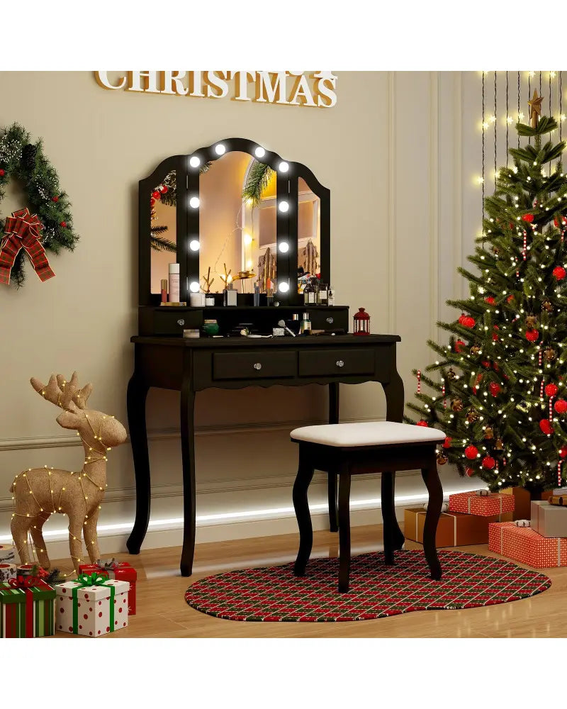Makeup Vanity Table Set with Lighted Mirror and Drawers-Black - Black - Makeup Vanities
